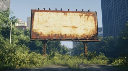 Poster - An abandoned billboard surrounded by overgrown vegetation in an urban setting.
