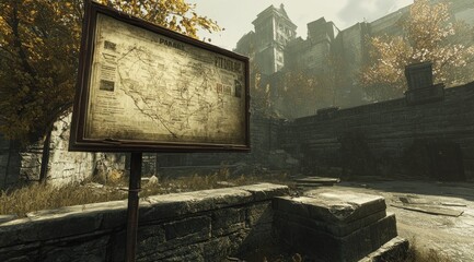 Poster - A weathered map sign in a desolate urban environment, hinting at a forgotten area.