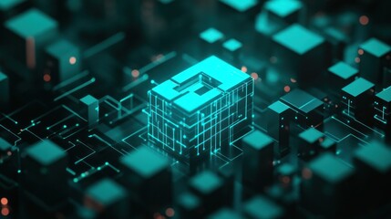 Aufkleber - A futuristic digital landscape with glowing cubes and network lines, representing technology.
