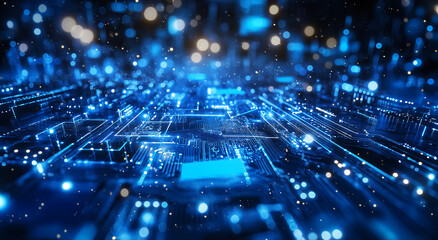 Poster - Exploring a vast digital landscape filled with glowing circuits and vibrant blue lights at night