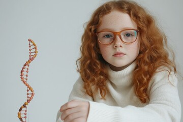 Aufkleber - A young girl with curly red hair and glasses poses beside a DNA model, showcasing science.