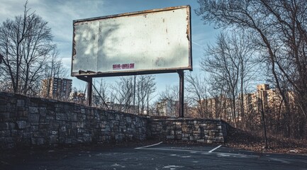 Poster - An abandoned billboard stands in a desolate area, surrounded by overgrown trees and buildings.
