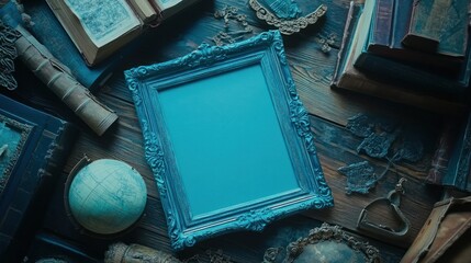 Poster - A vintage setting with an empty ornate frame surrounded by books and a globe.