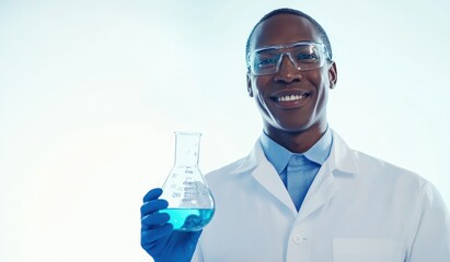 Aufkleber - A scientist in a lab coat holds a flask with blue liquid, smiling confidently.