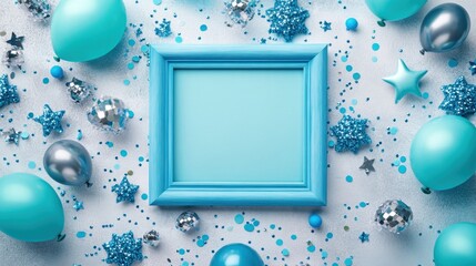 Poster - A vibrant turquoise frame surrounded by balloons and decorations for a festive occasion.
