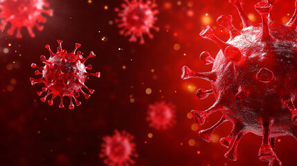Poster - Close-up of coronavirus particles in a red environment, symbolizing the virus spread and the risk of infection