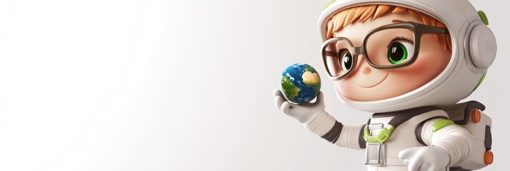 Poster - A cheerful child in a spacesuit holding a globe, symbolizing exploration and environmental awareness.