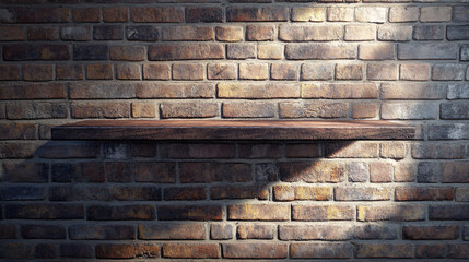 Aufkleber - Products on empty wooden shelf with brick wall background and play of light and shadows