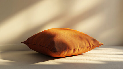 Poster - Sunlit orange pillow lies on the floor next to a wall, casting long shadows and creating a serene and inviting ambiance