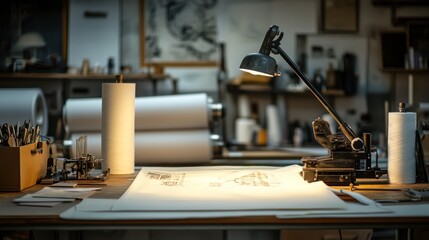 Poster - Illuminated Workspace Showing Design Drawings And Printing Tools
