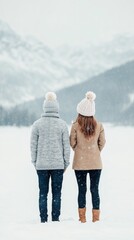 Couple in red winter clothing walking hand in hand through a snowy landscape with mountains