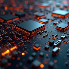 Aufkleber - Closeup of complex circuit board. Intricate microchip processor glows. Modern tech innovation. Network connection energy. Hardware design. Digital signal. Micro components.