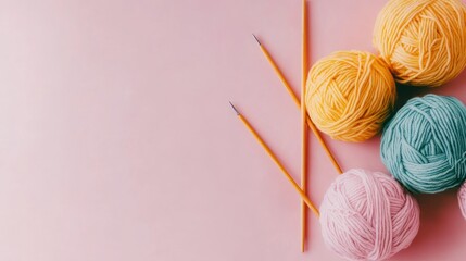 Poster - Pastel yarn balls and knitting needles on pink background