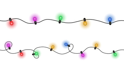 Wall Mural - realistic glowing colorful christmas lights in seamless pattern on transparent background