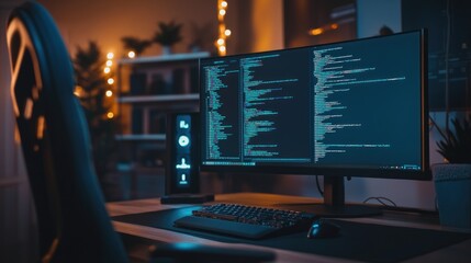 Poster - Nighttime Programmer Coding On Modern Computer Setup