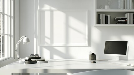Aufkleber - Minimalist White Home Office Workspace Design With Blank Frame