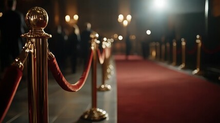 Elegant red carpet event with golden stanchions and soft lighting