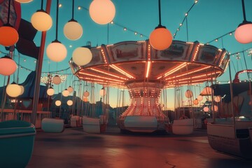 Aufkleber - A vibrant carousel illuminated by colorful lights at dusk, evoking a sense of nostalgia and joy.