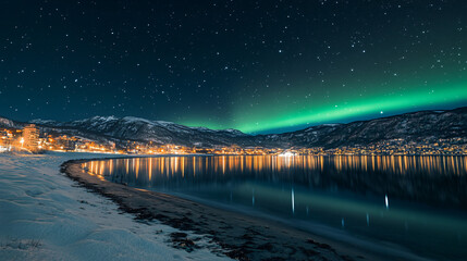 Wall Mural - aurora borealis glowing over snowy mountains, city lights reflecting in calm waters of a norwegian f
