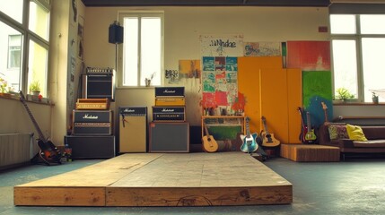 Poster - A music rehearsal space featuring amplifiers and various guitars on display.