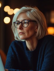 Sticker - Woman in Glasses with Grey Hair, Focused on Laptop