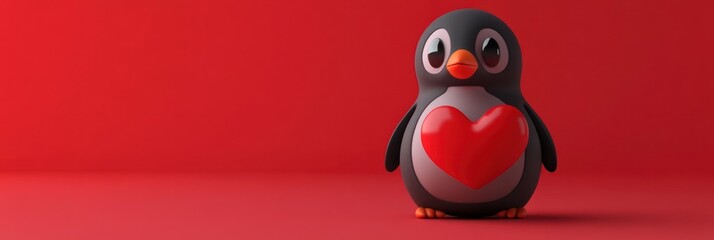 Aufkleber - A cute penguin figure with a heart on a vibrant red background.