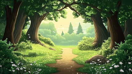 Poster - Tranquil forest path with wildflower-lined scenery, offering a peaceful and inviting natural setting