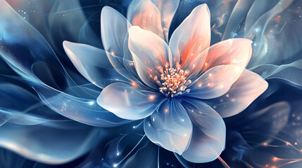 Aufkleber - Beautiful abstract flower with glowing petals blooming in a dark blue environment, creating a magical and ethereal atmosphere