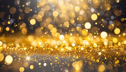 Poster - Radiant gold bokeh light background featuring Christmas-themed glowing confetti, shimmering sparkles, and dazzling texture overlay ideal for festive holiday designs and celebratory visuals