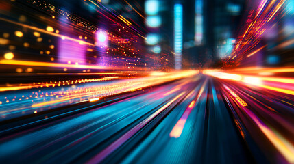 Aufkleber - Abstract colorful light trails speeding through a city at night, symbolizing data transfer and futuristic technology
