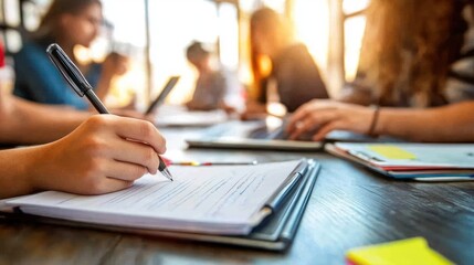 Fototapete - A group of people collaborating with laptops and notebooks in a bright workspace.