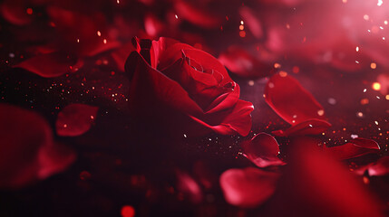 Poster - Romantic red rose with falling petals and glitter creates a dreamy and passionate atmosphere, perfect for valentine's day or romantic occasions