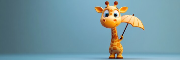 Poster - A cute cartoon giraffe holding an umbrella in a playful, colorful setting.