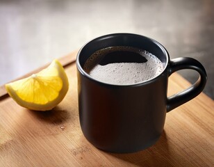 Wall Mural - Classic Americano in a Black Ceramic Mug with Lemon Slice