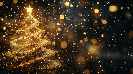 Aufkleber - Mesmerizing christmas scene with sparkling golden tree, star on top, falling snow, and bokeh lights against a dark background
