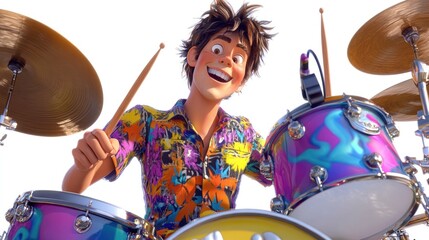 Poster - A cheerful animated character plays drums, wearing a colorful floral shirt.