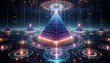 © Oxy Maru - 3D holographic pyramids with glowing bases, floating over an endless grid