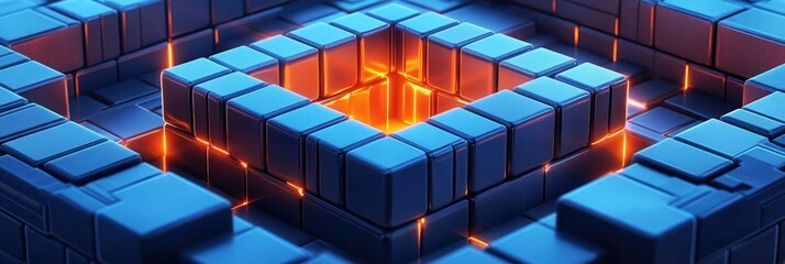 Aufkleber - A 3D abstract design featuring glowing orange elements within a blue block structure.