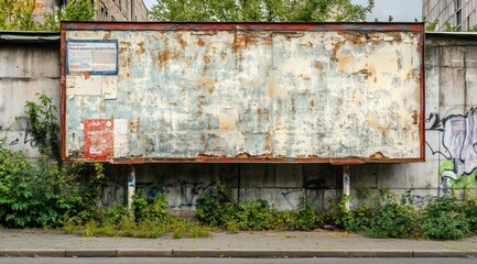 Poster - An old, weathered billboard surrounded by overgrown plants and graffiti.