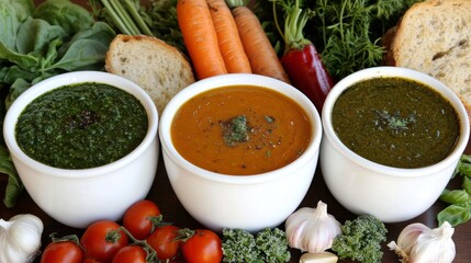 Wall Mural - Colorful display of fresh sauces and vegetables prepared for a healthy meal