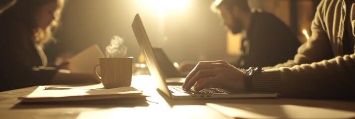 Aufkleber - A cozy workspace with individuals engaged in work, illuminated by warm light.