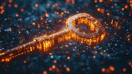 Poster - A glowing digital key amidst a futuristic landscape of data and circuitry.