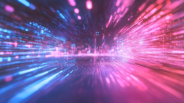 Digital light explosion in blue and pink colors. Abstract technology background with motion blur effect. Futuristic cyber space tunnel. Dynamic digital art for tech banner with copy space