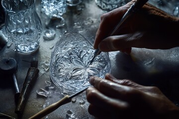 Aufkleber - A craftsman intricately engraves a crystal dish, showcasing skilled artistry and precision.