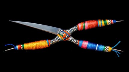 Fototapete - Colorful Yarn Wrapped Scissors Isolated On Black
