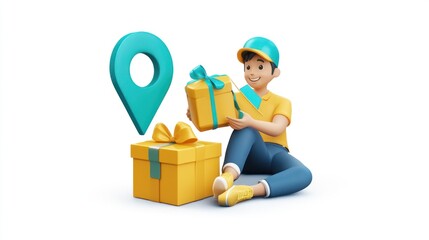 Poster - A cheerful character holding a gift box with a location pin, symbolizing delivery or gifting.