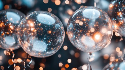 Poster - A close-up of transparent balloons with sparkles against a blurred, festive background.