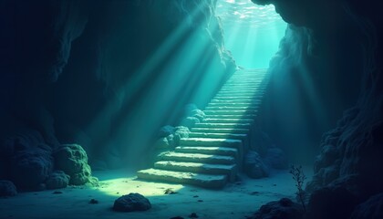 Aufkleber - Submerged staircase in ocean cave. Sunlight rays illuminate steps. Underwater scene. Aquatic exploration. Diving adventure. Deep sea mystery. Tranquil blue water. Abyss depth. Marine life. Surreal