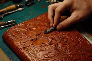 Aufkleber - A craftsman carves intricate floral designs into a leather surface.