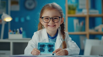Aufkleber - A smiling girl in a lab coat holds an X-ray, showcasing her interest in science and medicine.